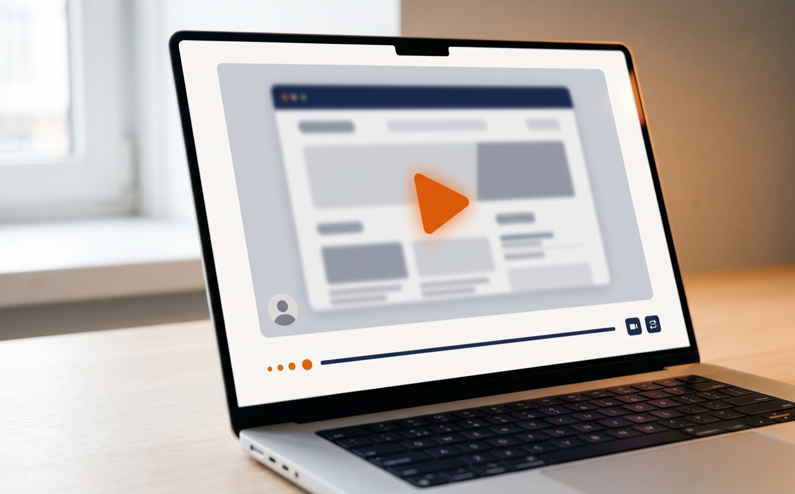 Laptopscherm met een video-thumbnail preview en een oranje play-knop, klaar om af te spelen
