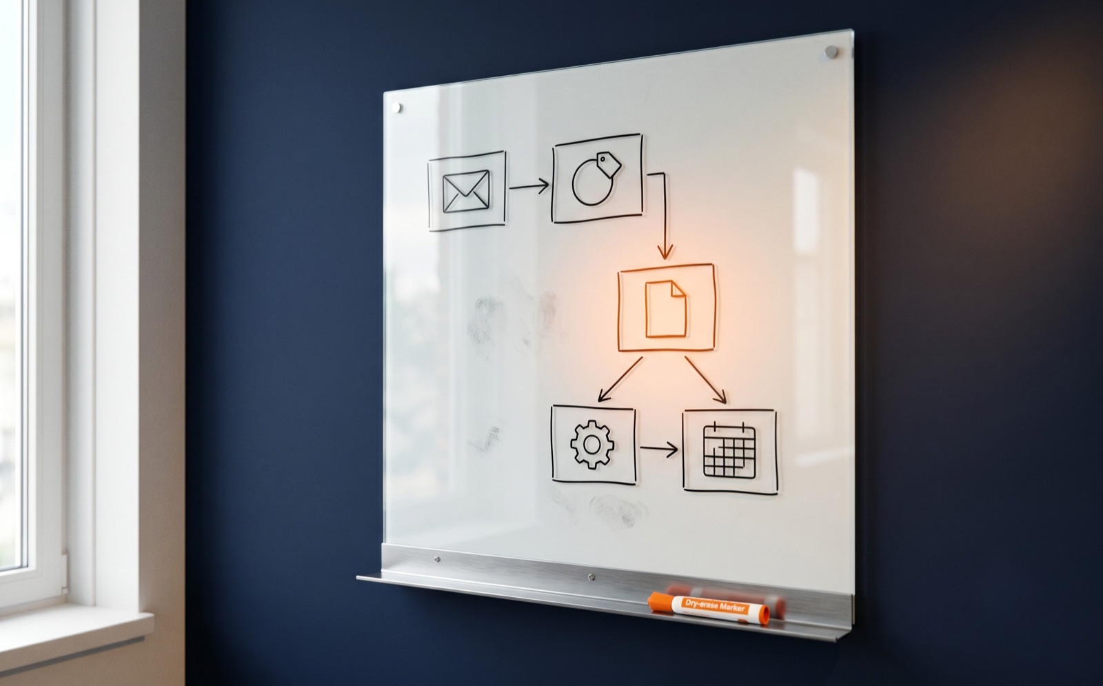 Glazen whiteboard met een workflow-diagram in zwarte marker, één node in oranje glow