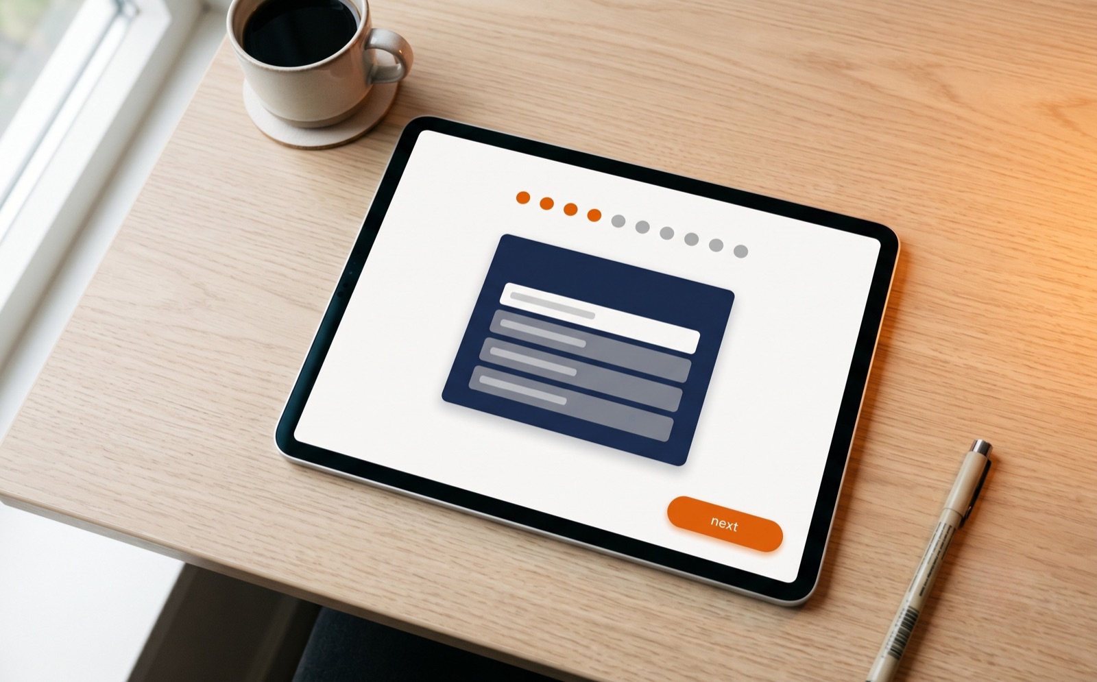 Tablet met de AI-scorekaart-quiz in beeld, vier van tien voortgangsbolletjes in oranje