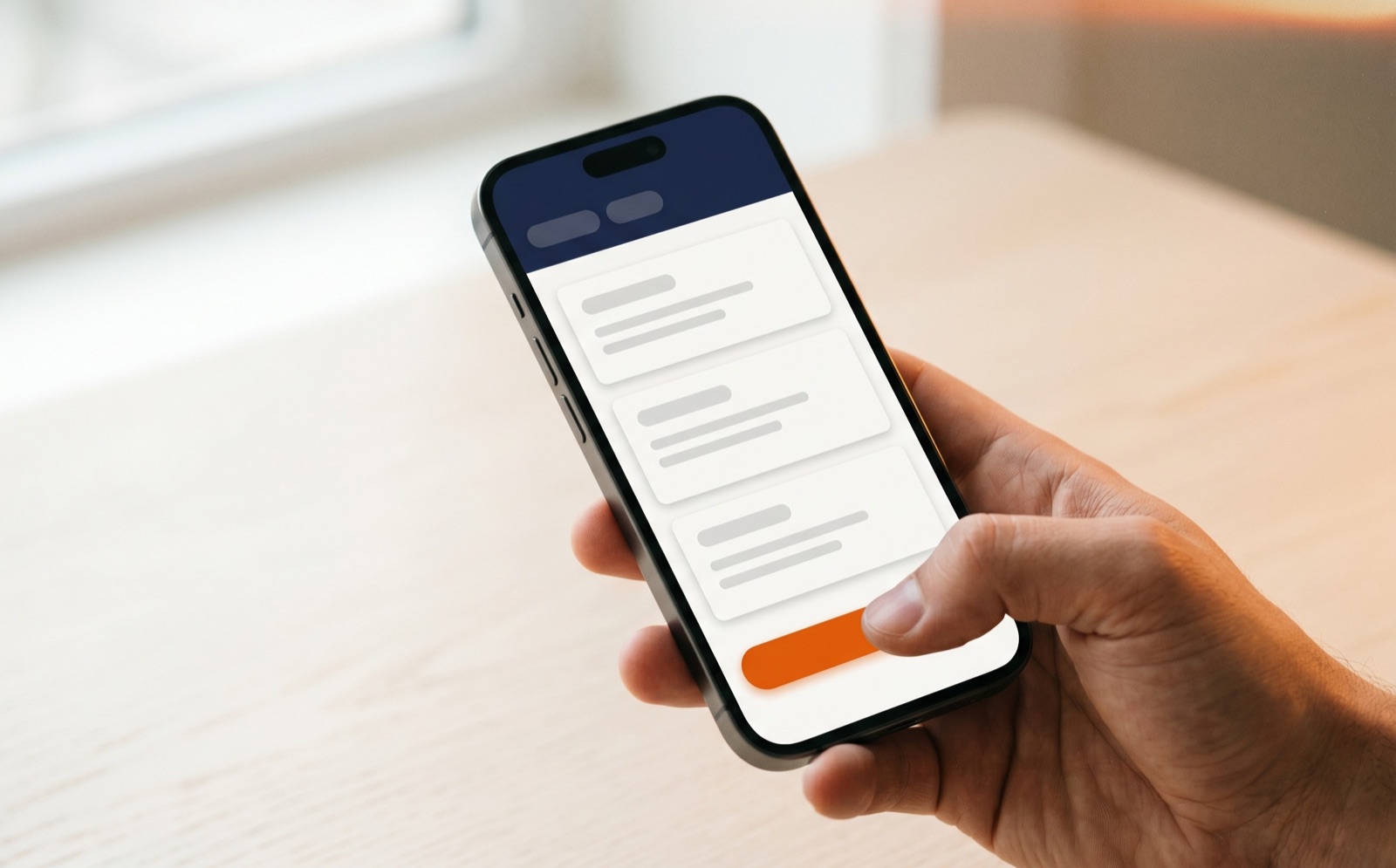 Hand houdt smartphone vast met een mobiele app-UI in beeld en een oranje actieknop