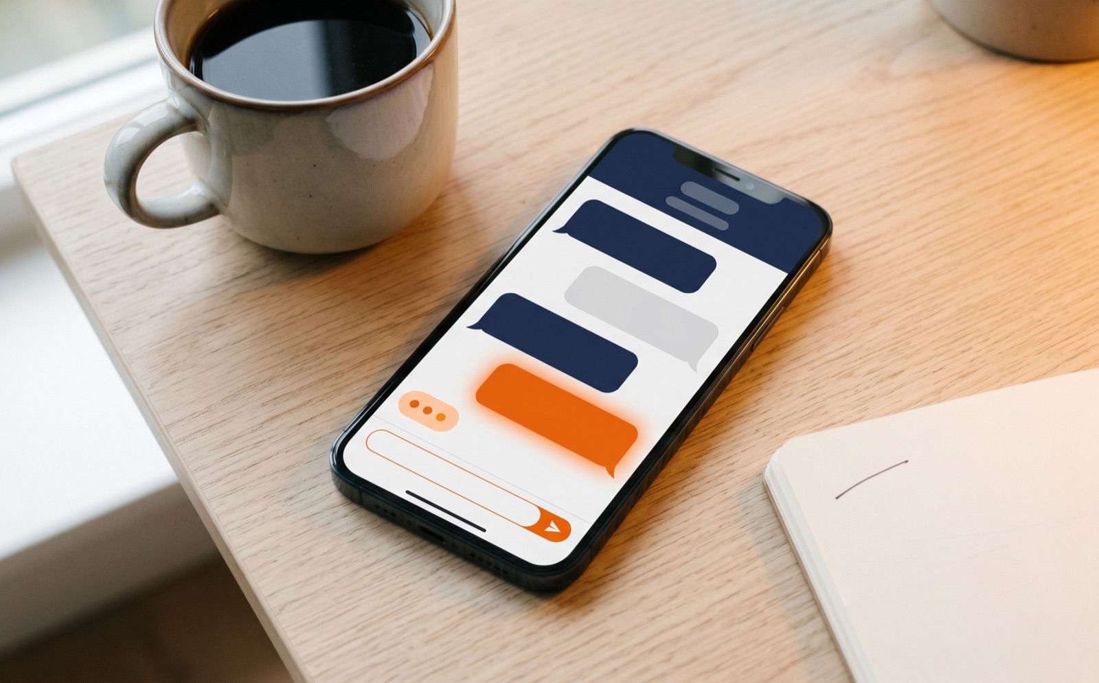 Smartphone op een warm bureau met een net binnenkomend bericht en een oranje accent