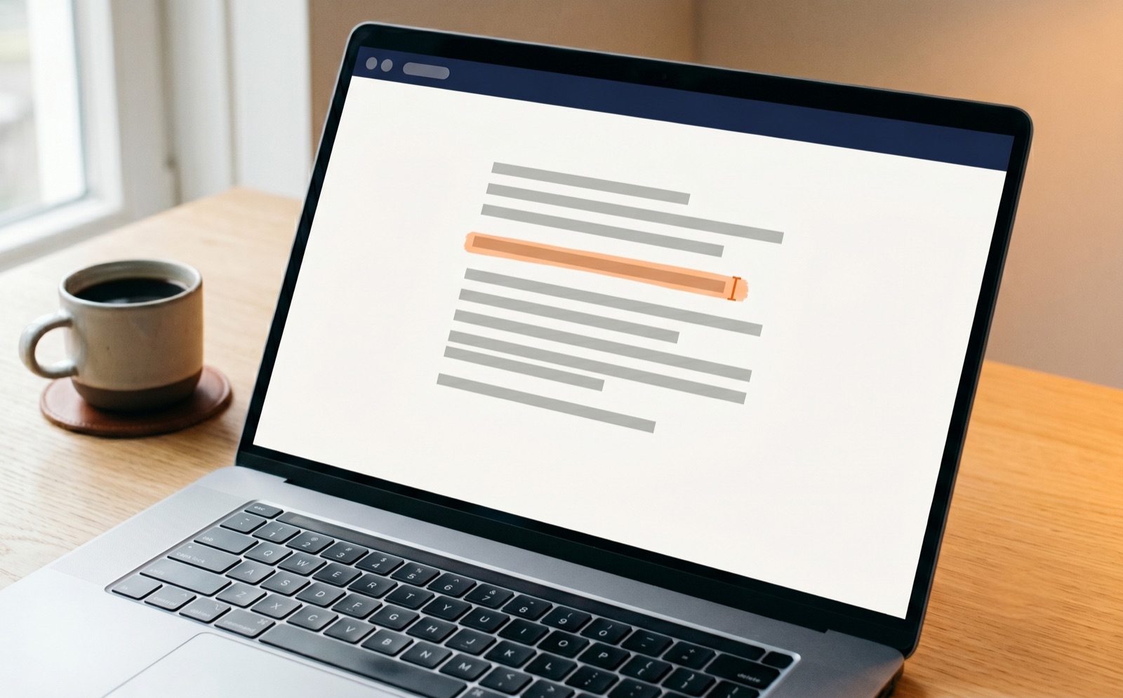 Laptop met een schrijfeditor in beeld, één regel in oranje gemarkeerd