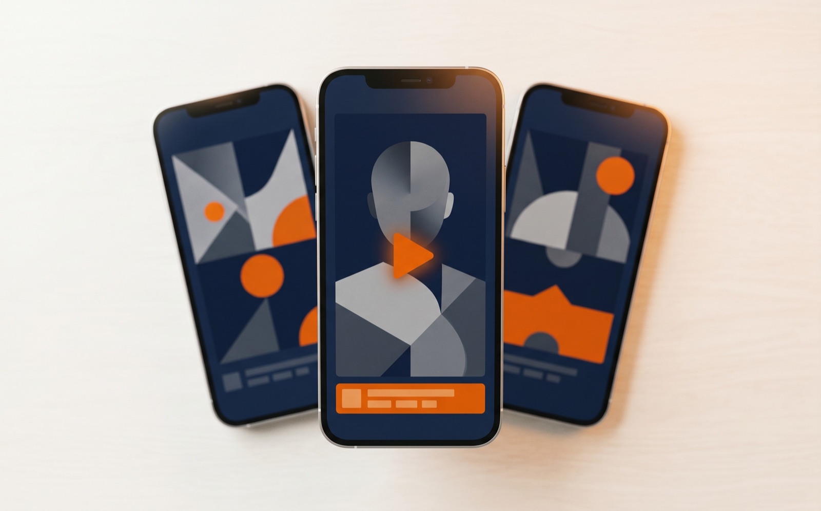 Drie portrait-telefoons met reels-thumbnails in navy en oranje, één scherp in beeld