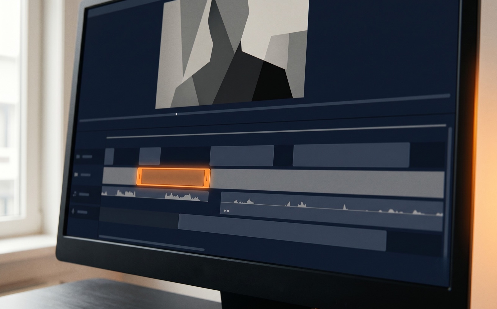 Monitor met een editing-timeline, één clip oplichtend in oranje