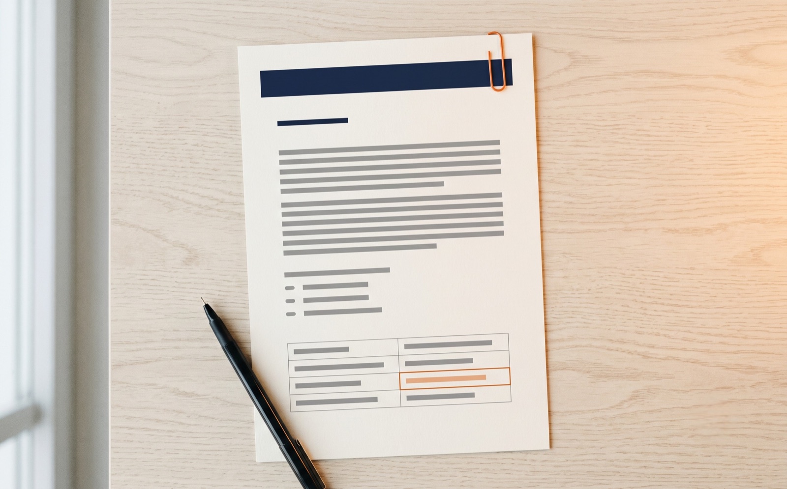Top-down van een offerte-document op een houten desk met een oranje paperclip en accent op één regel